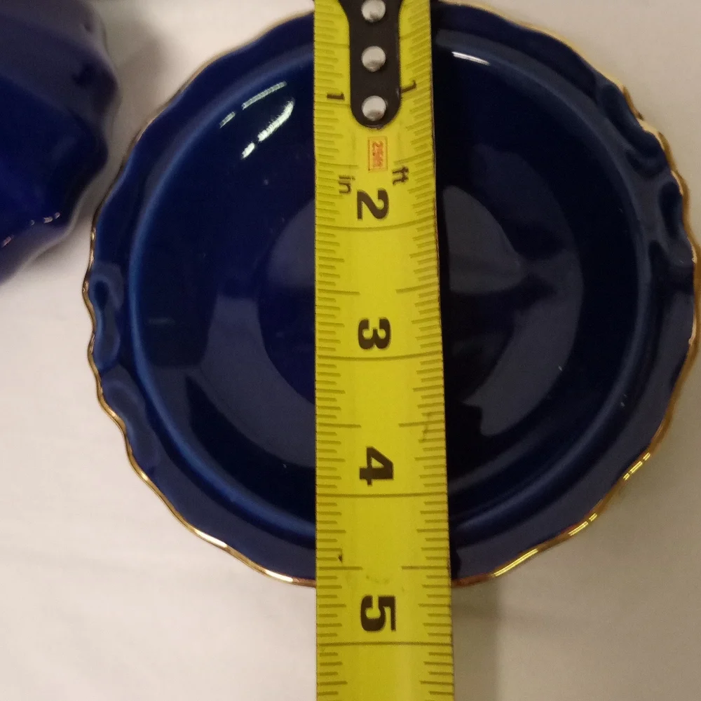 Cobalt Blue Rib Pitcher, Peacock Bird, Floral Pattern & Saucer 4.5